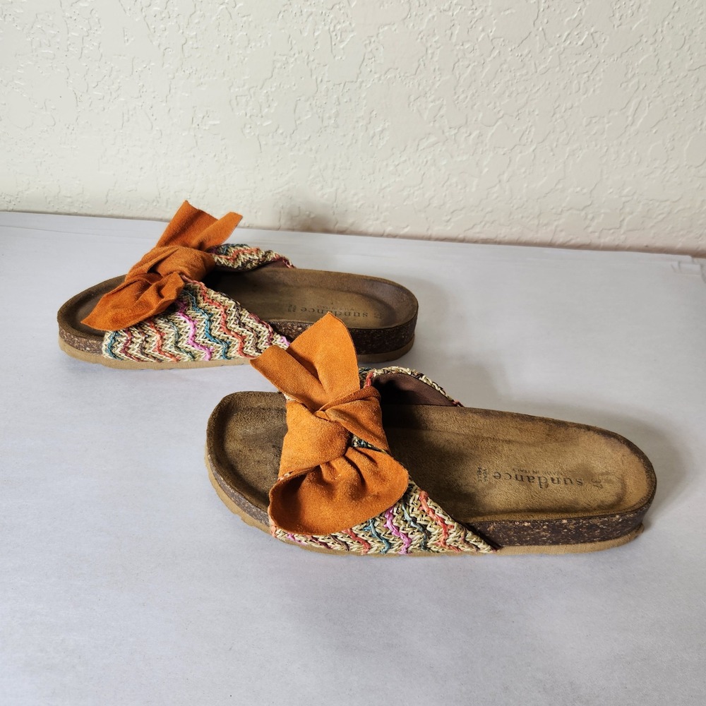 Sundance Womens Multi Color Woven Straw Suede Bow Slide Sandals Made in Italy 37